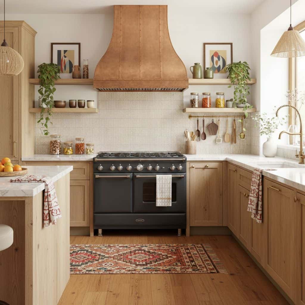 Neutral-colored textured ceramic tile backsplash in a cozy kitchen setting.