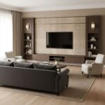 Bright beige textured wall panel behind TV, with dark wood shelving units on each side.