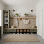 Neutral beige textured wall tile with a matte finish, paired with a sage green wooden storage bench and woven baskets.