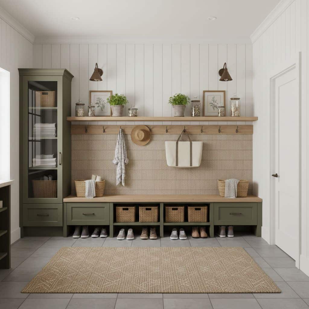 Neutral beige textured wall tile with a matte finish, paired with a sage green wooden storage bench and woven baskets.