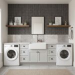 Black textured tile, white ceramic sink, and wooden shelves.