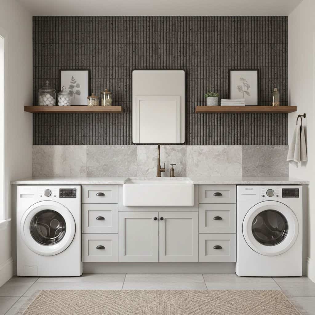 Black textured tile, white ceramic sink, and wooden shelves.