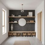 Modern black textured wall tiles with wooden shelves and storage baskets.