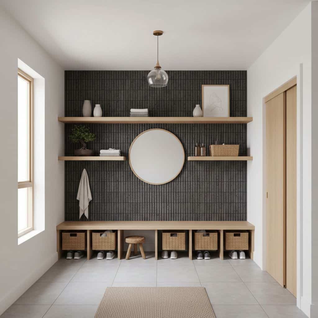 Modern black textured wall tiles with wooden shelves and storage baskets.