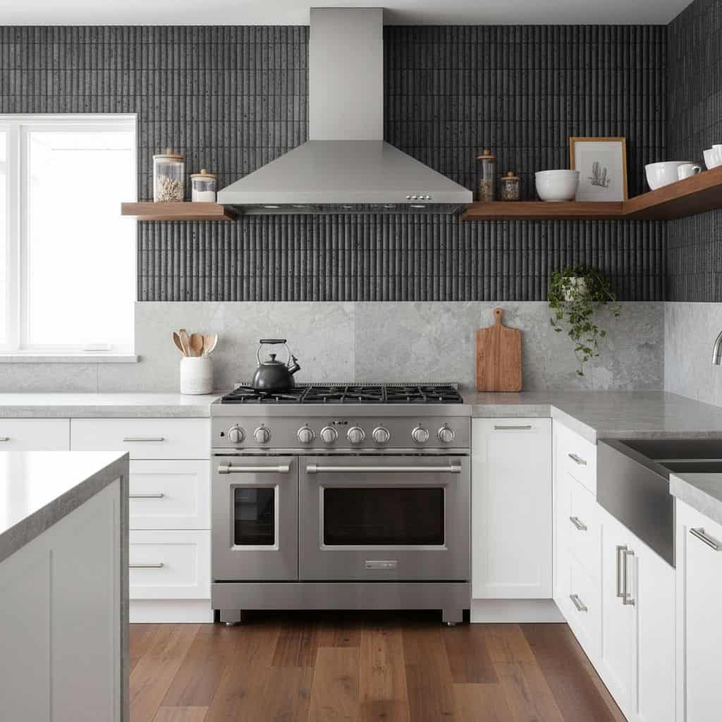 Bright kitchen with white cabinets, stainless steel stove, and black textured tile backsplash.