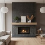 Black textured tile with matte finish surrounds the fireplace, complemented by a light wood mantel and neutral-toned decor.