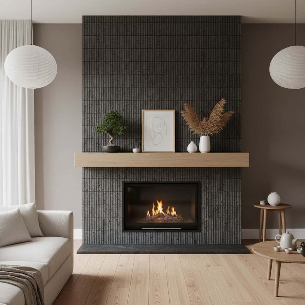 Black textured tile with matte finish surrounds the fireplace, complemented by a light wood mantel and neutral-toned decor.