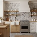 White marble tile backsplash with gray veining.