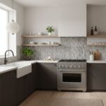 Gray textured ceramic tile backsplash in a modern kitchen, complementing white walls and dark cabinetry.