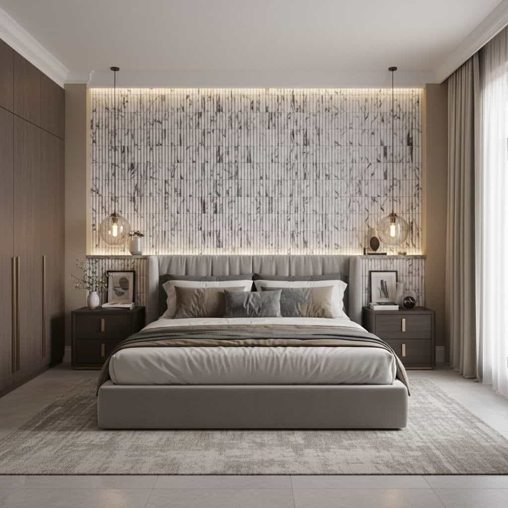 Elegant white marble tile with subtle gray veining, textured surface, and sleek finish for contemporary bedroom walls.