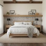 Beige textured ceramic tile with subtle pattern, used as a headboard wall behind the bed.