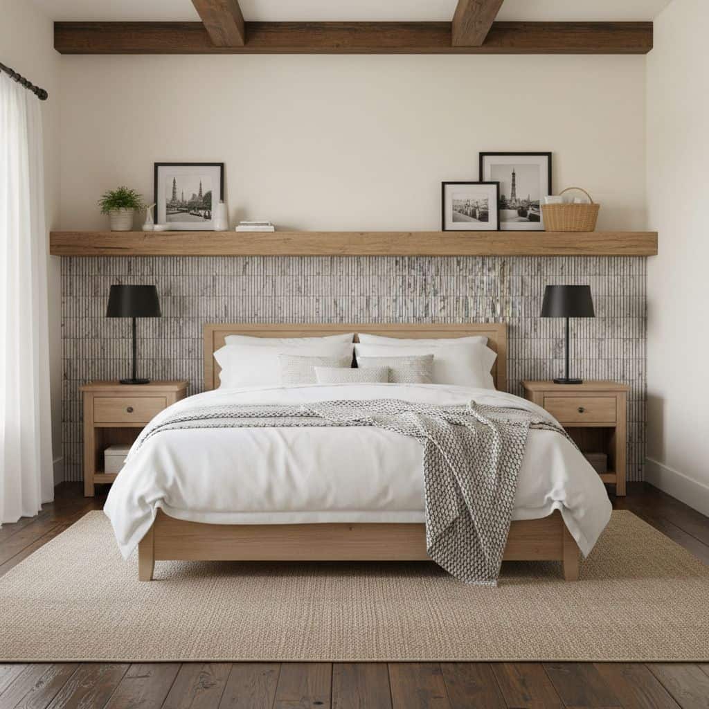 Beige textured ceramic tile with subtle pattern, used as a headboard wall behind the bed.