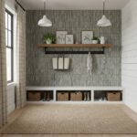Green and gray textured tile wall with decorative framed botanical prints and wooden shelf.
