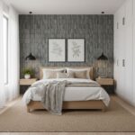Gray textured wall tile in a bedroom, with a subtle pattern and matte finish, creating a contemporary and calming atmosphere.