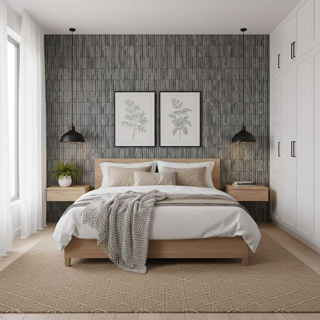 Gray textured wall tile in a bedroom, with a subtle pattern and matte finish, creating a contemporary and calming atmosphere.