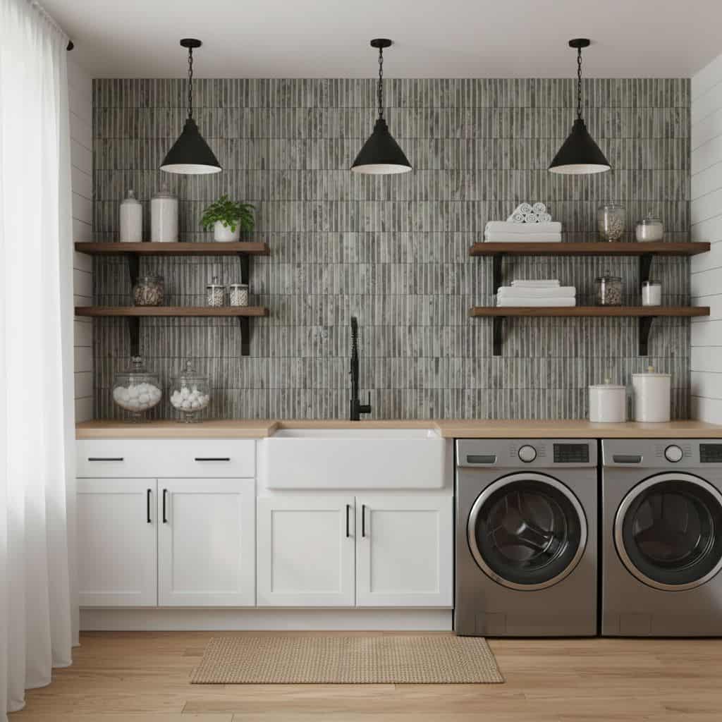 Gray textured wall tiles with a vertical linear pattern, creating a modern and sleek look in the laundry room.