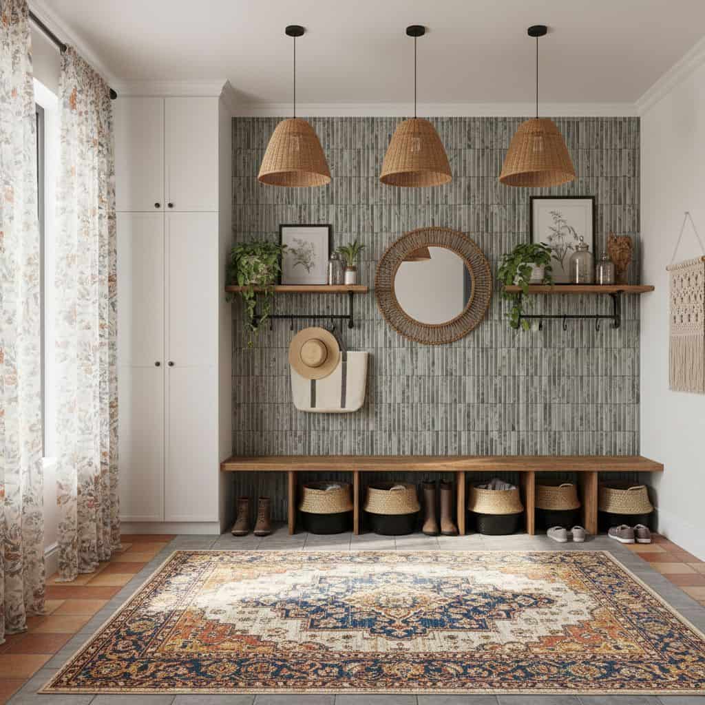 Gray textured tile wall with wooden shelves and mirror, complemented by woven pendant lights and a patterned rug, creating a.
