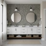 Gray textured ceramic tiles with a vertical pattern, modern bathroom decor.
