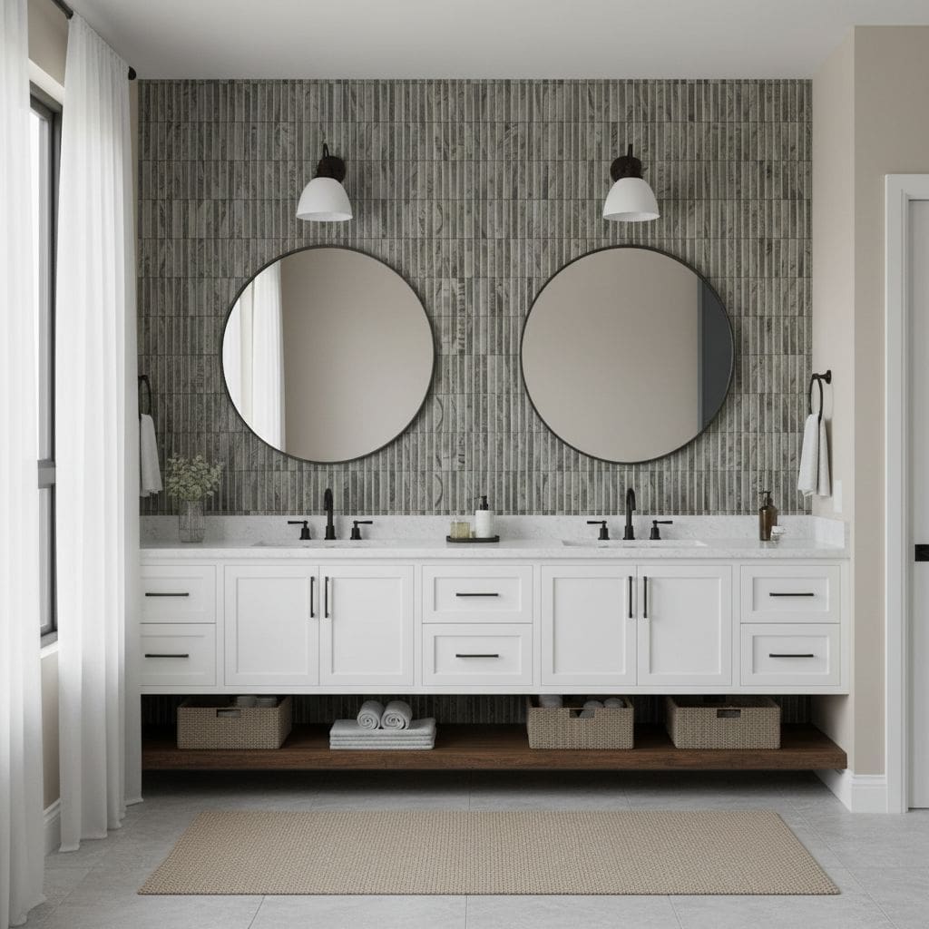 Gray textured ceramic tiles with a vertical pattern, modern bathroom decor.