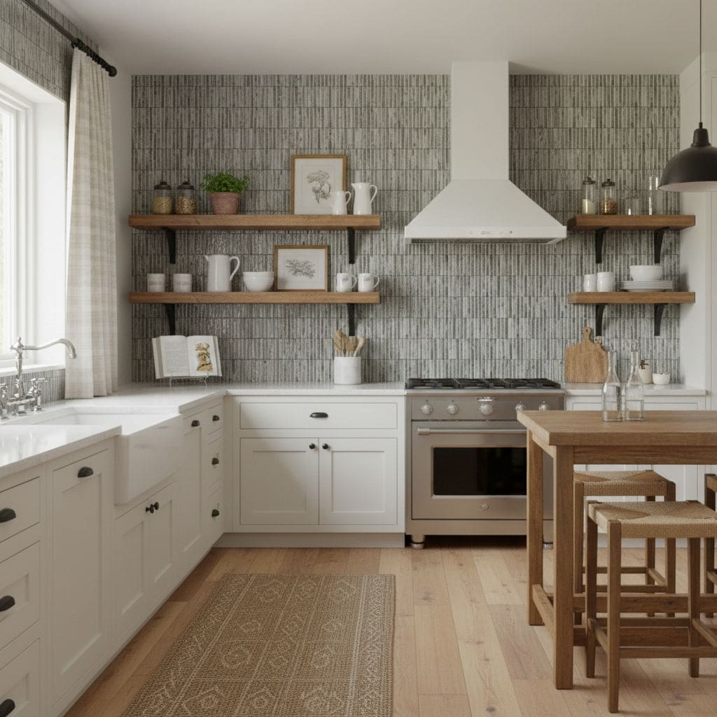 White and Gray Textured Tile Wall in Kitchen.