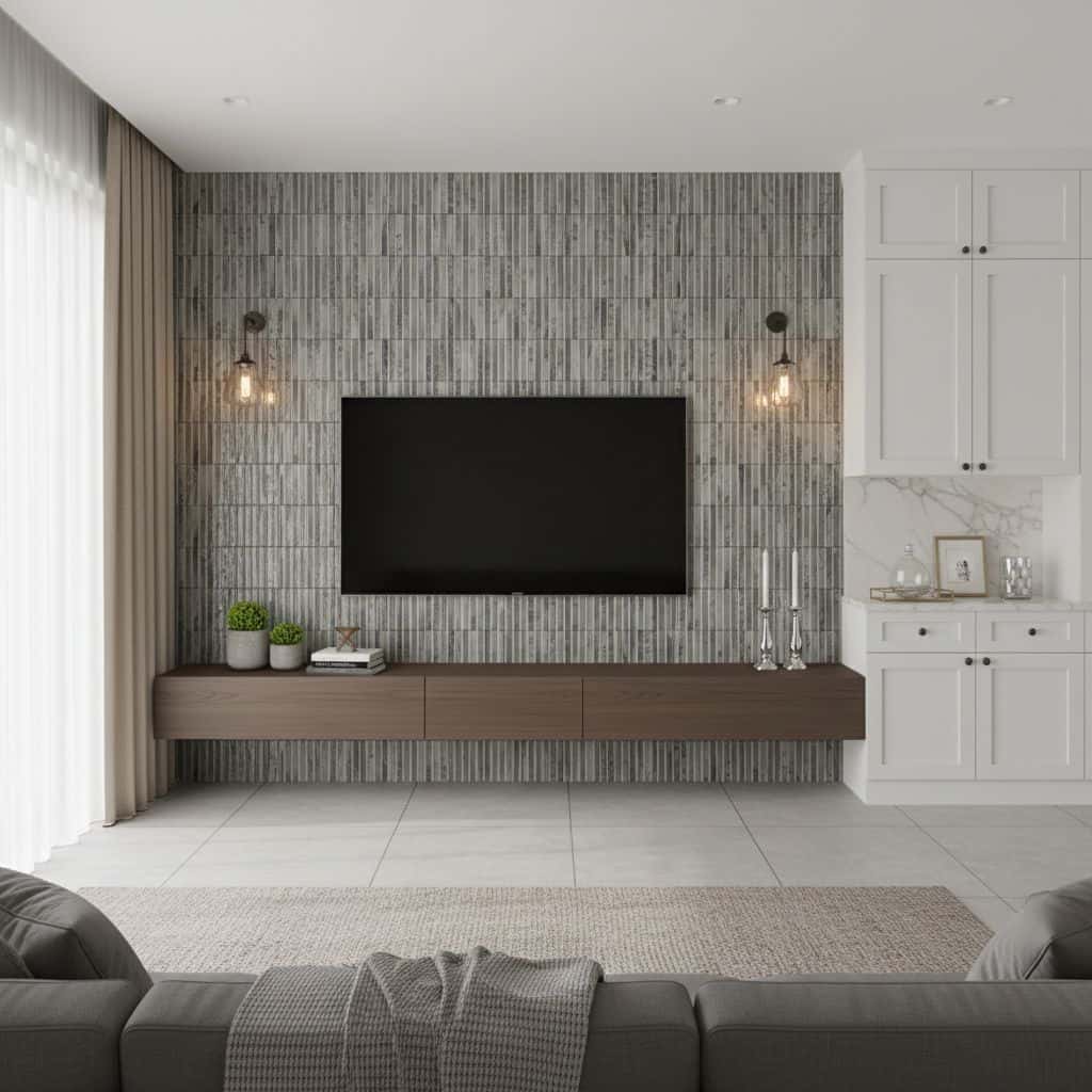 Gray textured wall tile with a linear pattern, suitable for contemporary interior design.