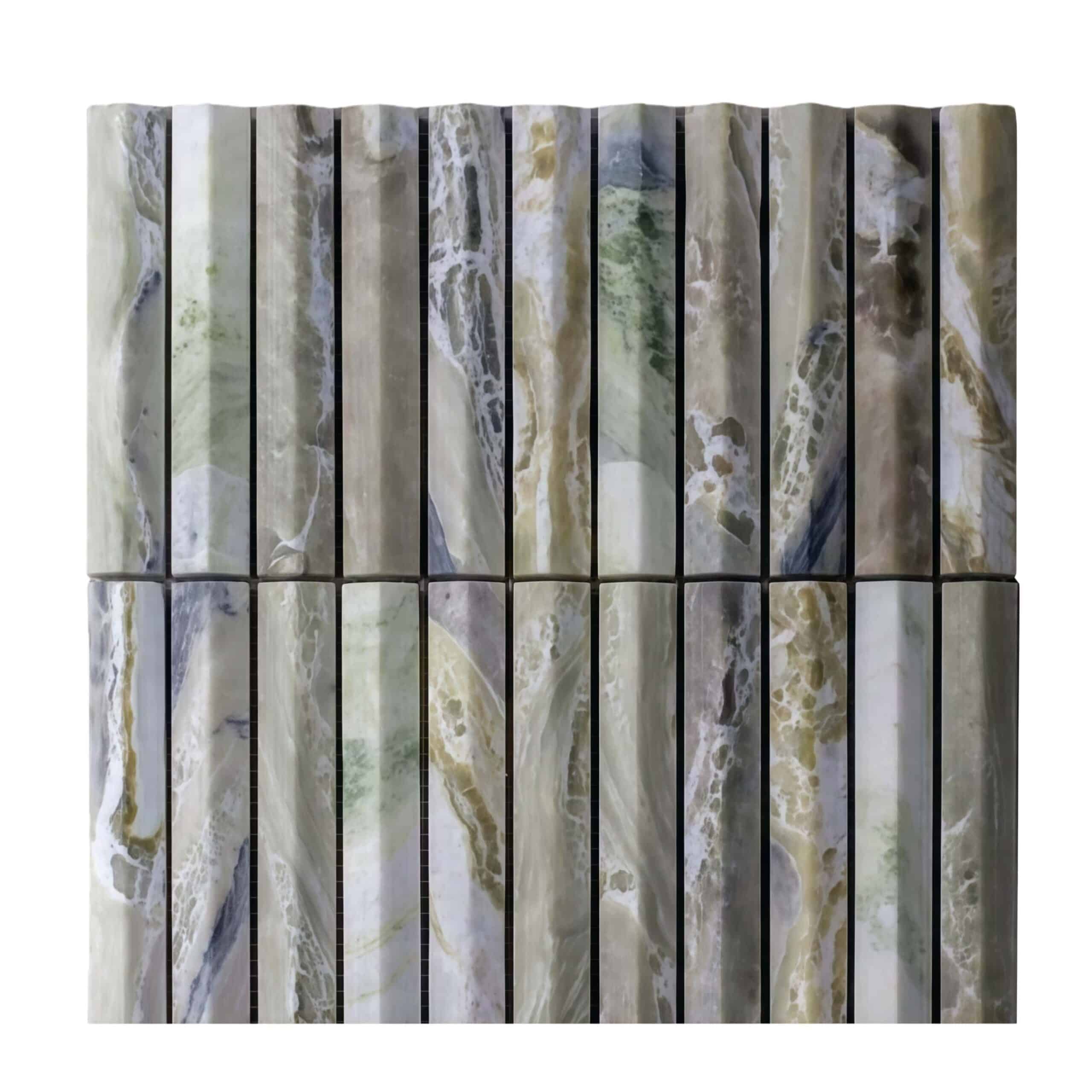 Elegant marble tile featuring green and gold veining, smooth polished texture, and natural stone design.