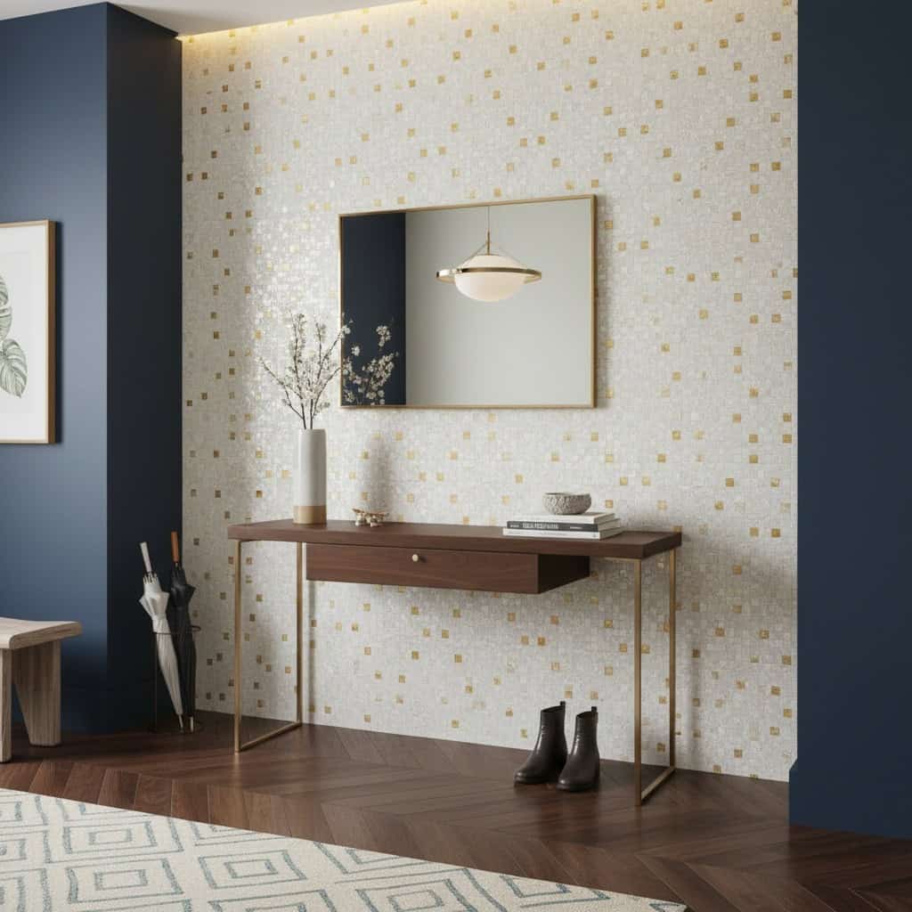 A stylish interior featuring a wall decorated with mother of pearl shell tiles, creating a shimmering, elegant look.