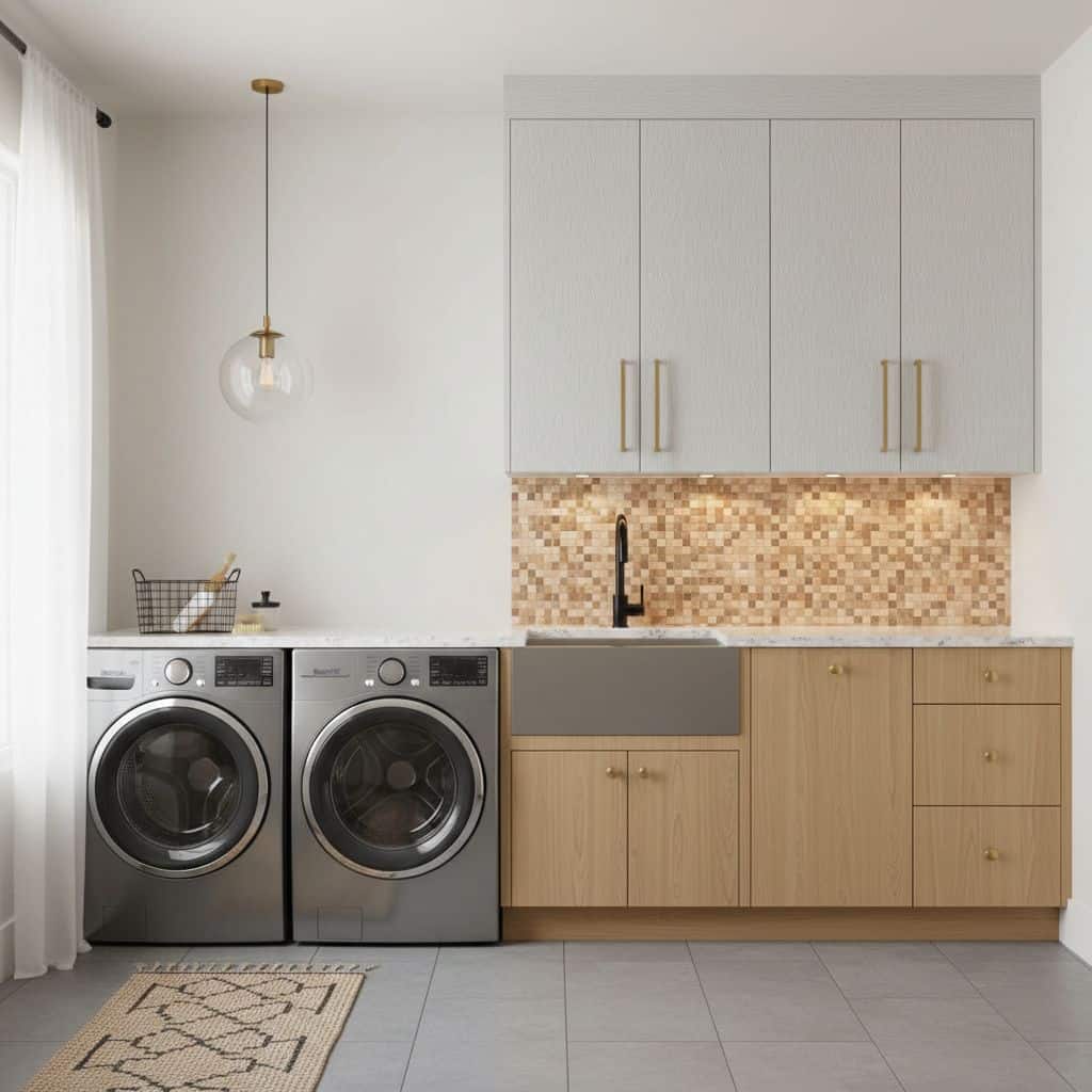 Laundry room with peel and stick tile backsplash behind the sink and countertop.
