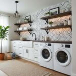 Modern laundry room featuring peel and stick wall tile behind washer and shelves, with white cabinetry and wooden accents.