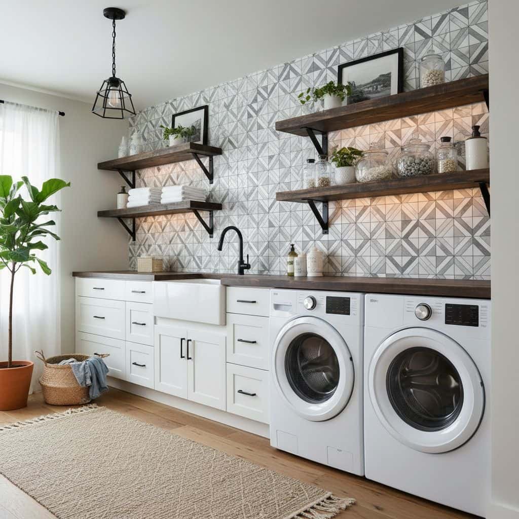 Modern laundry room featuring peel and stick wall tile behind washer and shelves, with white cabinetry and wooden accents.