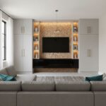 Modern living room with peel and stick tile backsplash behind TV.