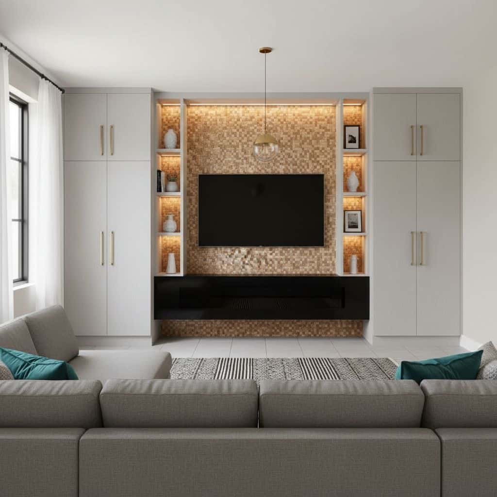 Modern living room with peel and stick tile backsplash behind TV.
