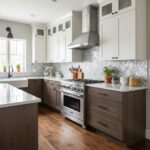 Kitchen with peel and stick wall tile backsplash and modern cabinetry.
