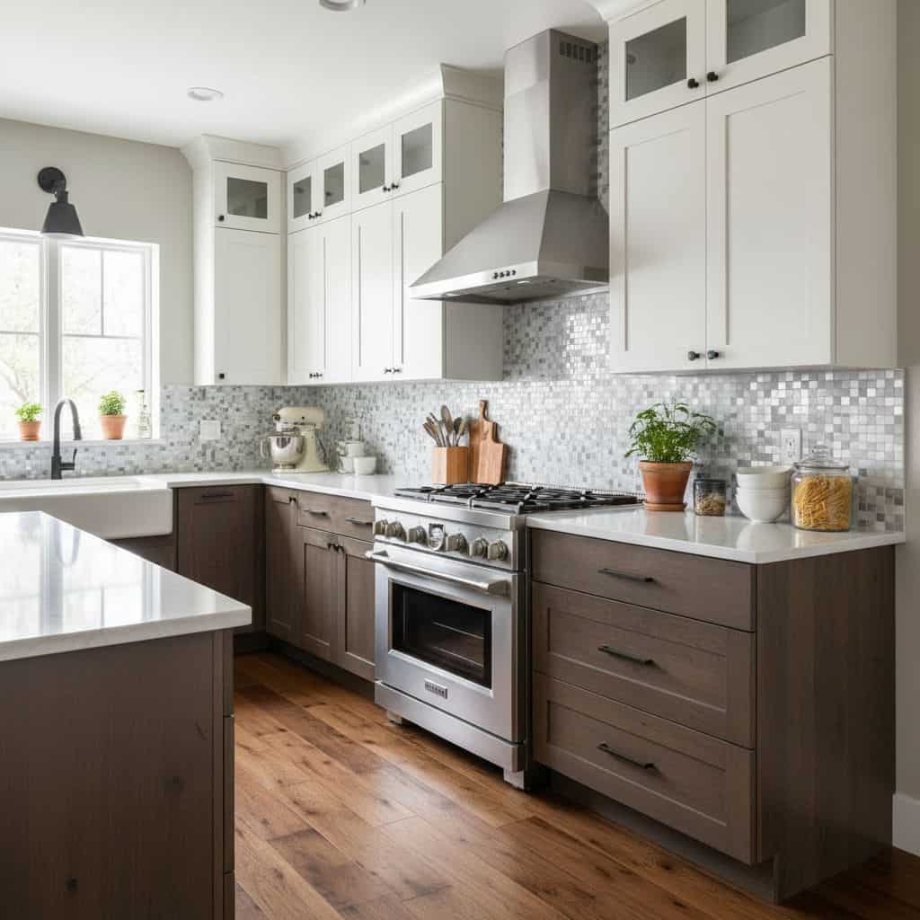 Kitchen with peel and stick wall tile backsplash and modern cabinetry.