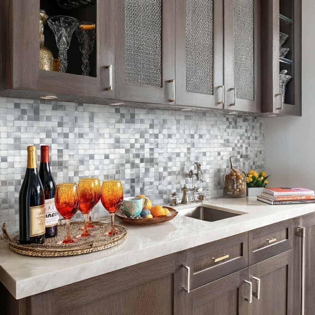 Removable peel and stick wall tile backsplash in a modern kitchen setting.