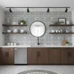Modern kitchen with geometric peel and stick tile backsplash and open wooden shelves.