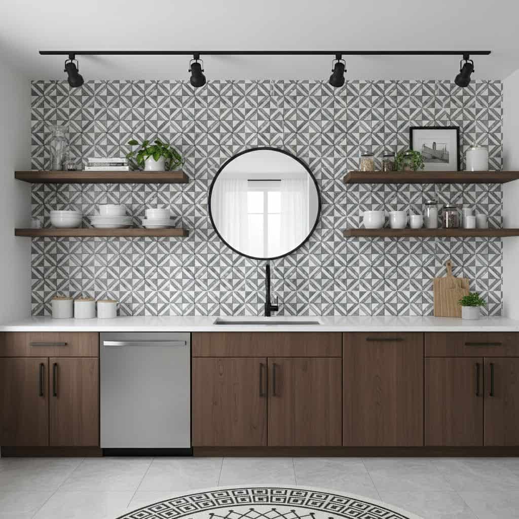 Modern kitchen with geometric peel and stick tile backsplash and open wooden shelves.