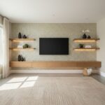 Bright living room with peel and stick wall tiles behind TV.