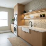 Modern laundry room with peel and stick wall tiles, wooden cabinets, and a farmhouse sink.