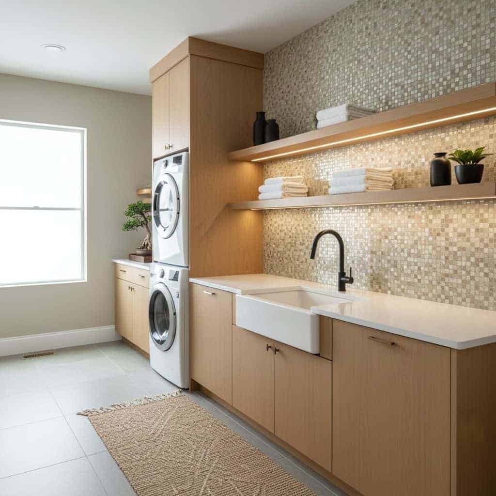 Modern laundry room with peel and stick wall tiles, wooden cabinets, and a farmhouse sink.