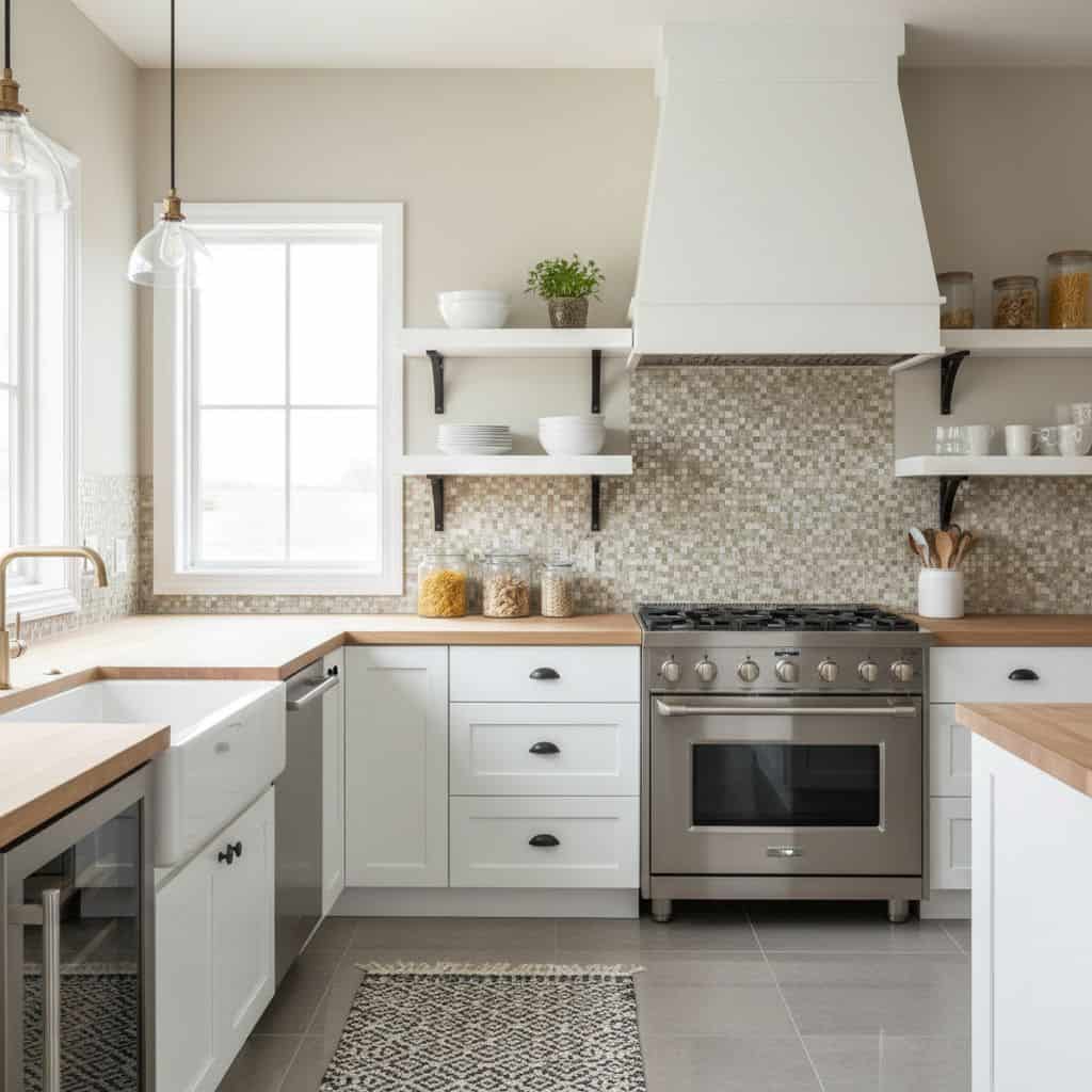 Bright kitchen with peel and stick wall tile backsplash, white cabinets, and stainless steel stove. Easy DIY renovation with.