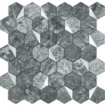 Hexagon peel and stick wall tile with a textured gray stone finish.