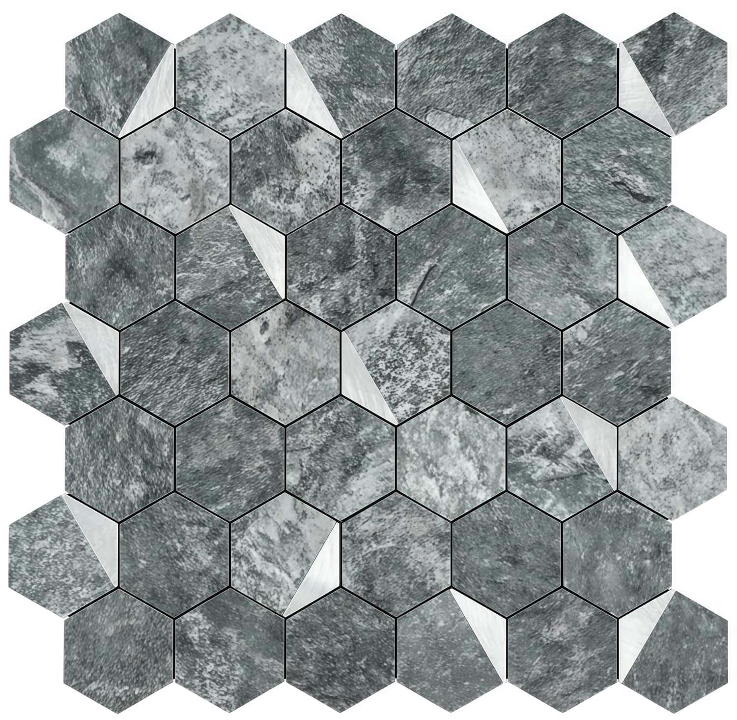 Hexagon peel and stick wall tile with a textured gray stone finish.