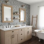A modern bathroom with peel and stick wall tiles, a double vanity, and a freestanding bathtub, creating a stylish and functio.