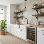 Image of a modern kitchen with peel and stick tile backsplash, white cabinetry, and open wooden shelves.
