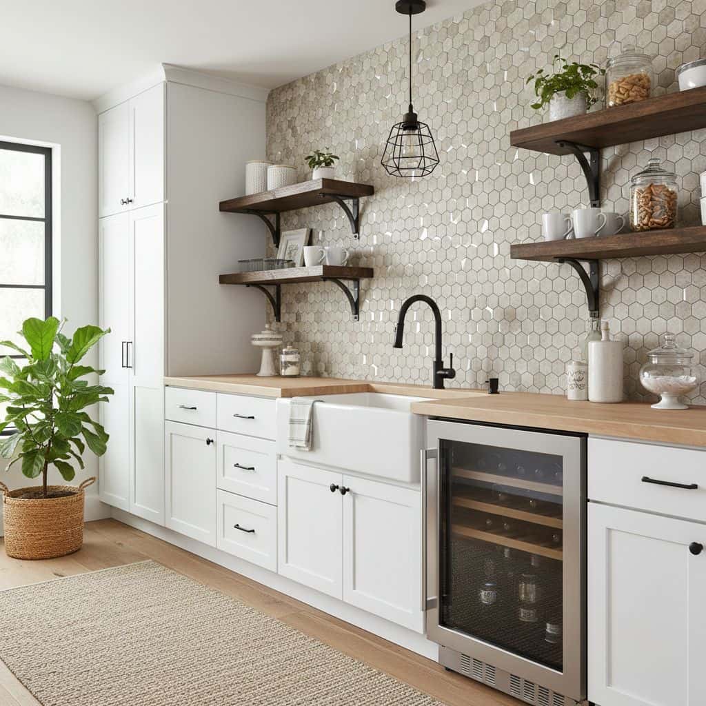 Image of a modern kitchen with peel and stick tile backsplash, white cabinetry, and open wooden shelves.