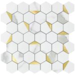 Hexagon peel and stick wall tile with white marble and gold accents for easy home decor updates.