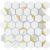 Hexagon peel and stick wall tile with white marble and gold accents for easy home decor updates.