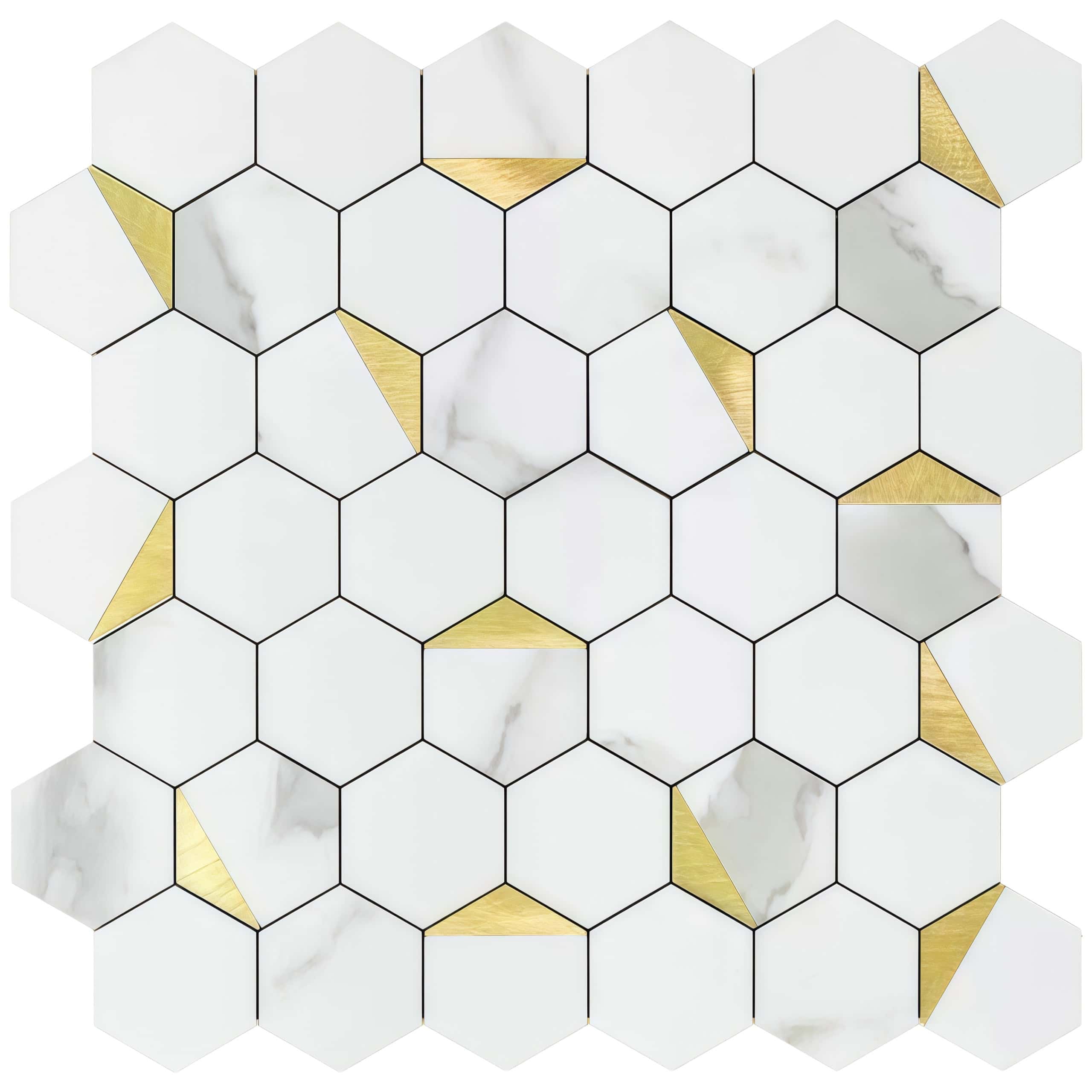 Hexagon peel and stick wall tile with white marble and gold accents for easy home decor updates.