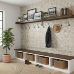 Decorative peel and stick tile wall with hooks and shelves.